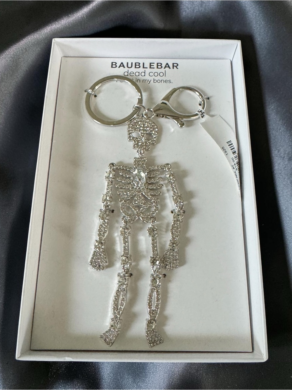 BaubleBar Halloween Glittering Silver Skeleton Keychain Bag Charm DEAD COOL"